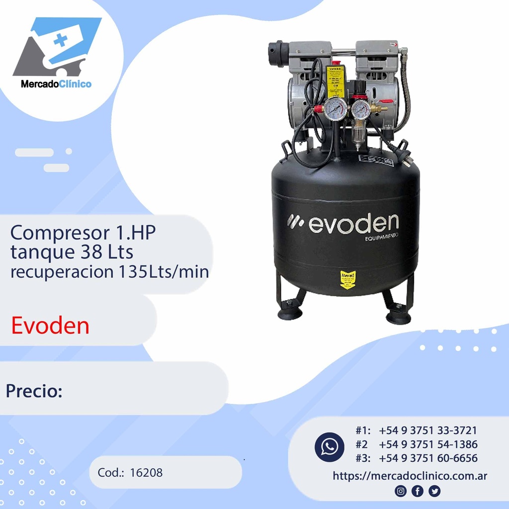 Compresor 1.HP tanque 38 Lts recup.135Lts/min - EVODEN