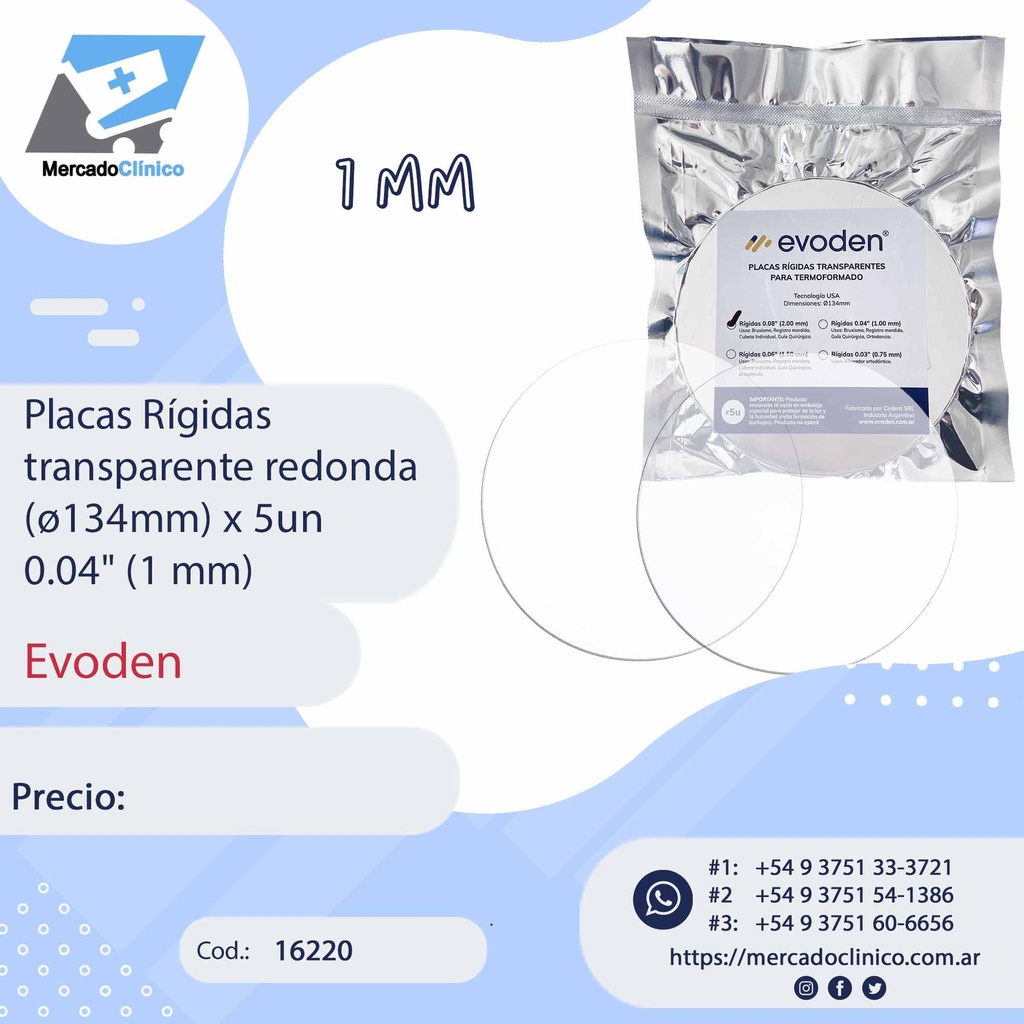 Placas Rígidas  transparente redonda (ø120mm) x 5un  0.04" (1 mm) - Evoden