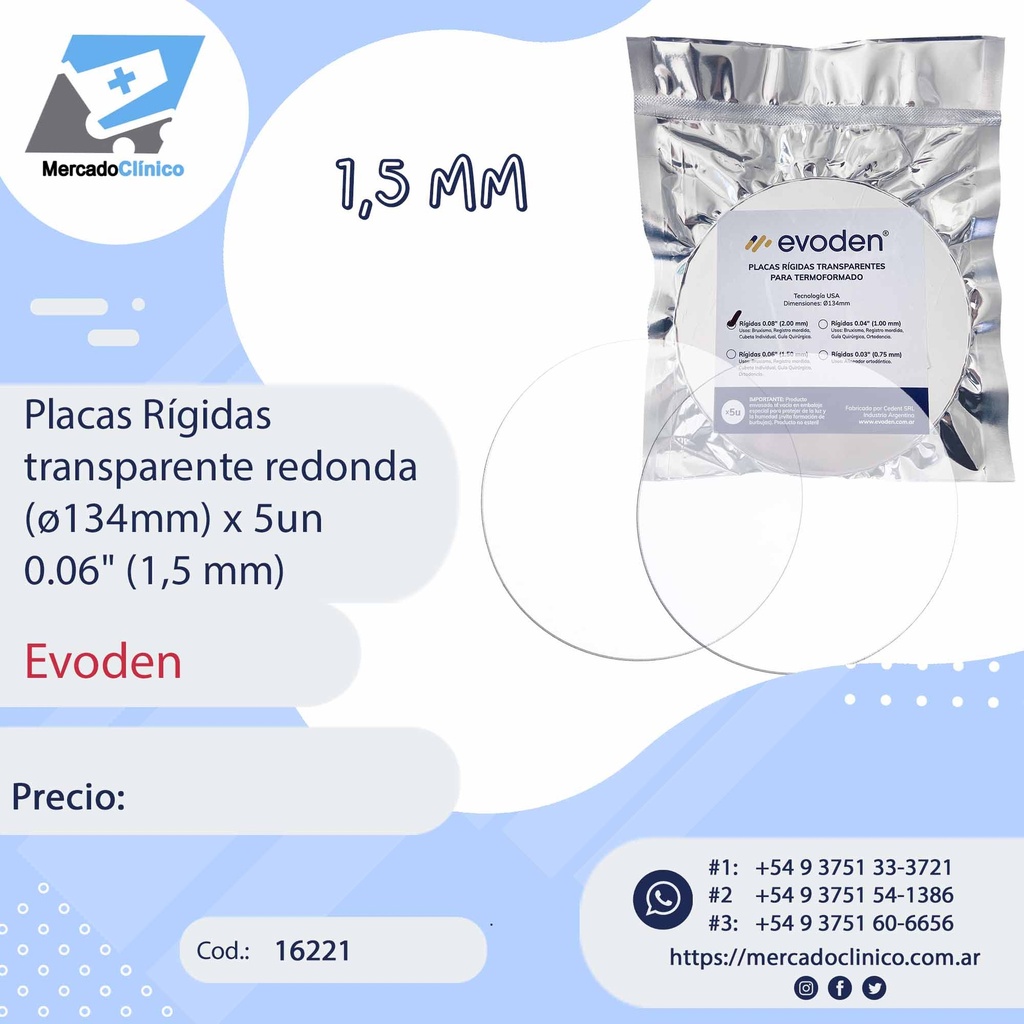 Placas Rígidas  transparente redonda (ø120mm) x 5un  0.06" (1,5 mm) - Evoden