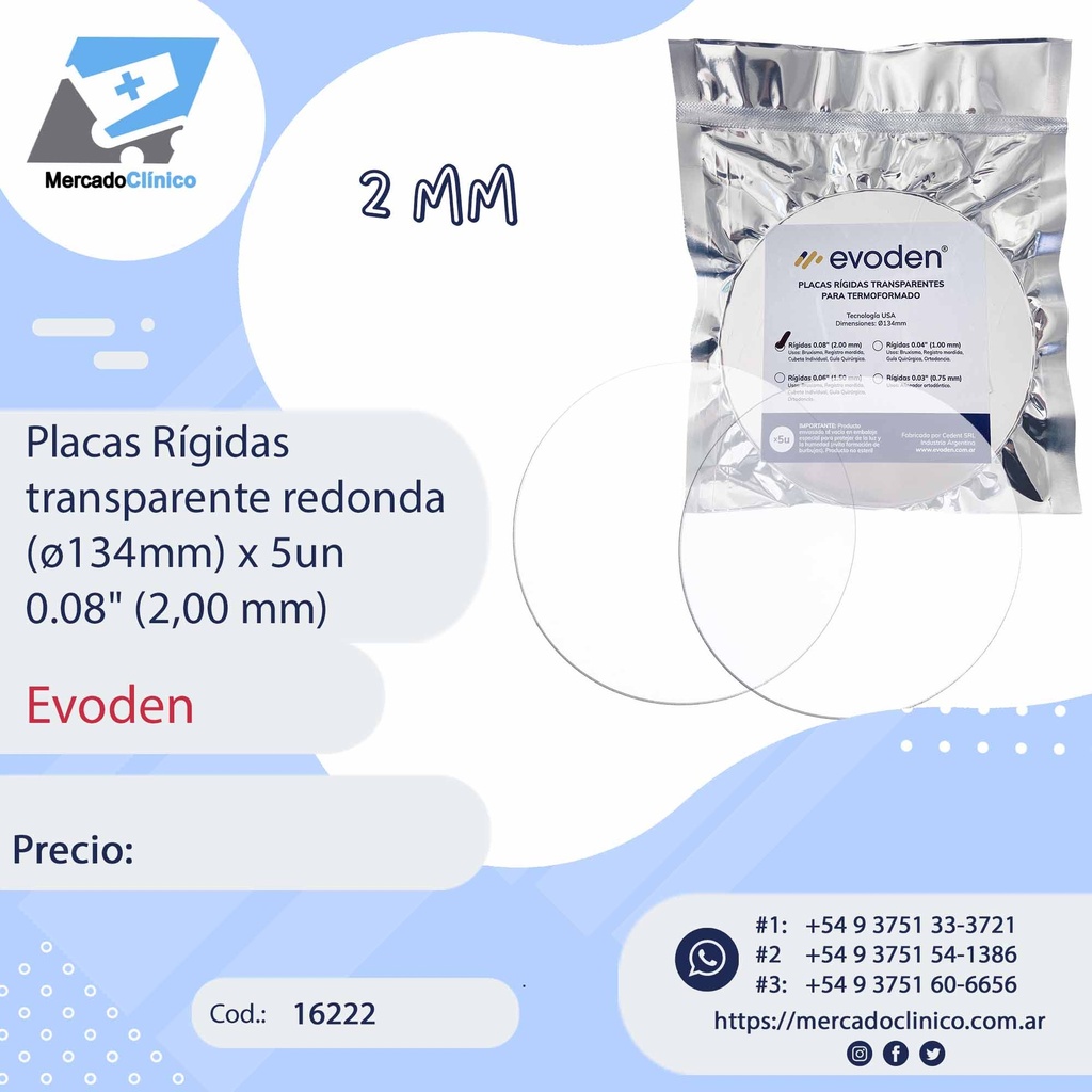 Placas Rígidas transparente redonda (ø120mm) x 5un 0.08" (2 mm) - Evoden