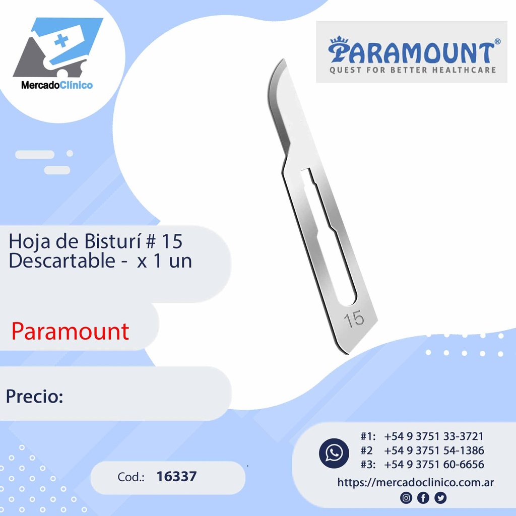 Hoja de Bisturí # 15 Descartable -  x 1 un - Paramount
