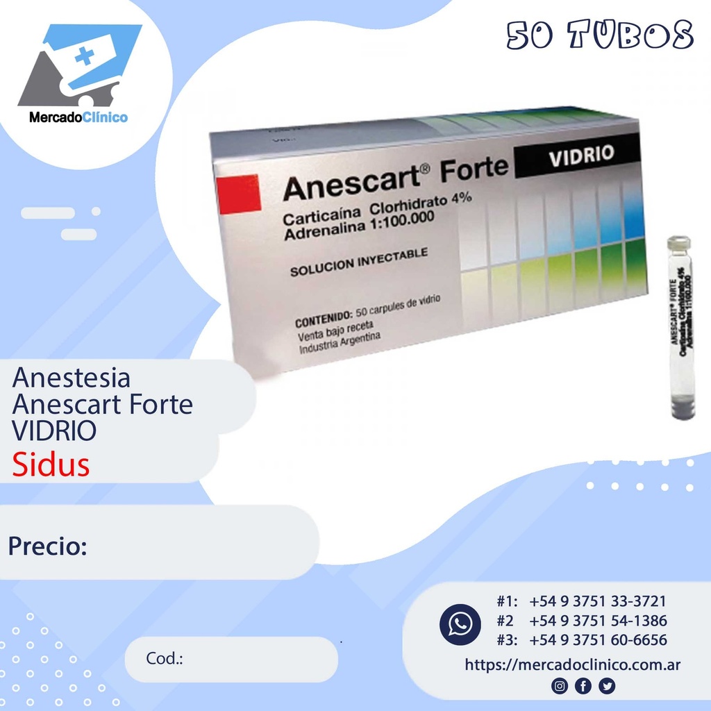 Anestesia - Anescart Forte TUBO VIDRIO- 50/un -Sidus