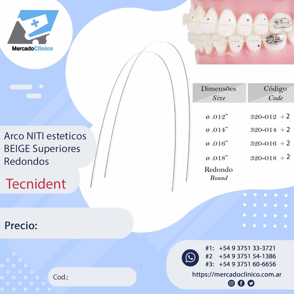 Arcos NITI estéticos beige SUPERIORES - REDONDO X 10 arcos TECNIDENT