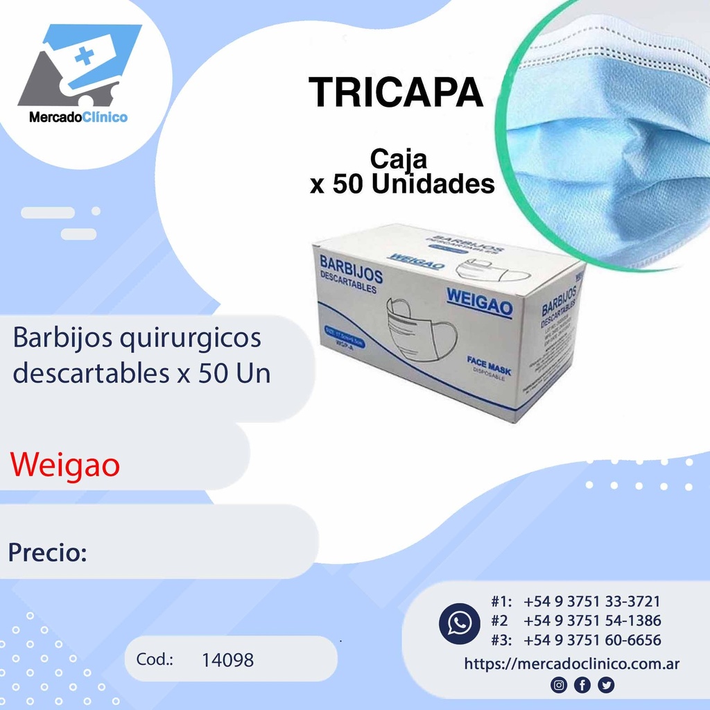 Barbijos quirúrgicos descartables x 50 Un - Weigao