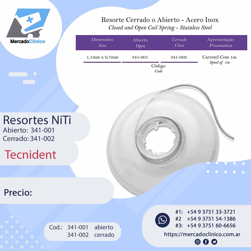 Resortes Niti - Abierto o Cerrado - 1 metro - Tecnident