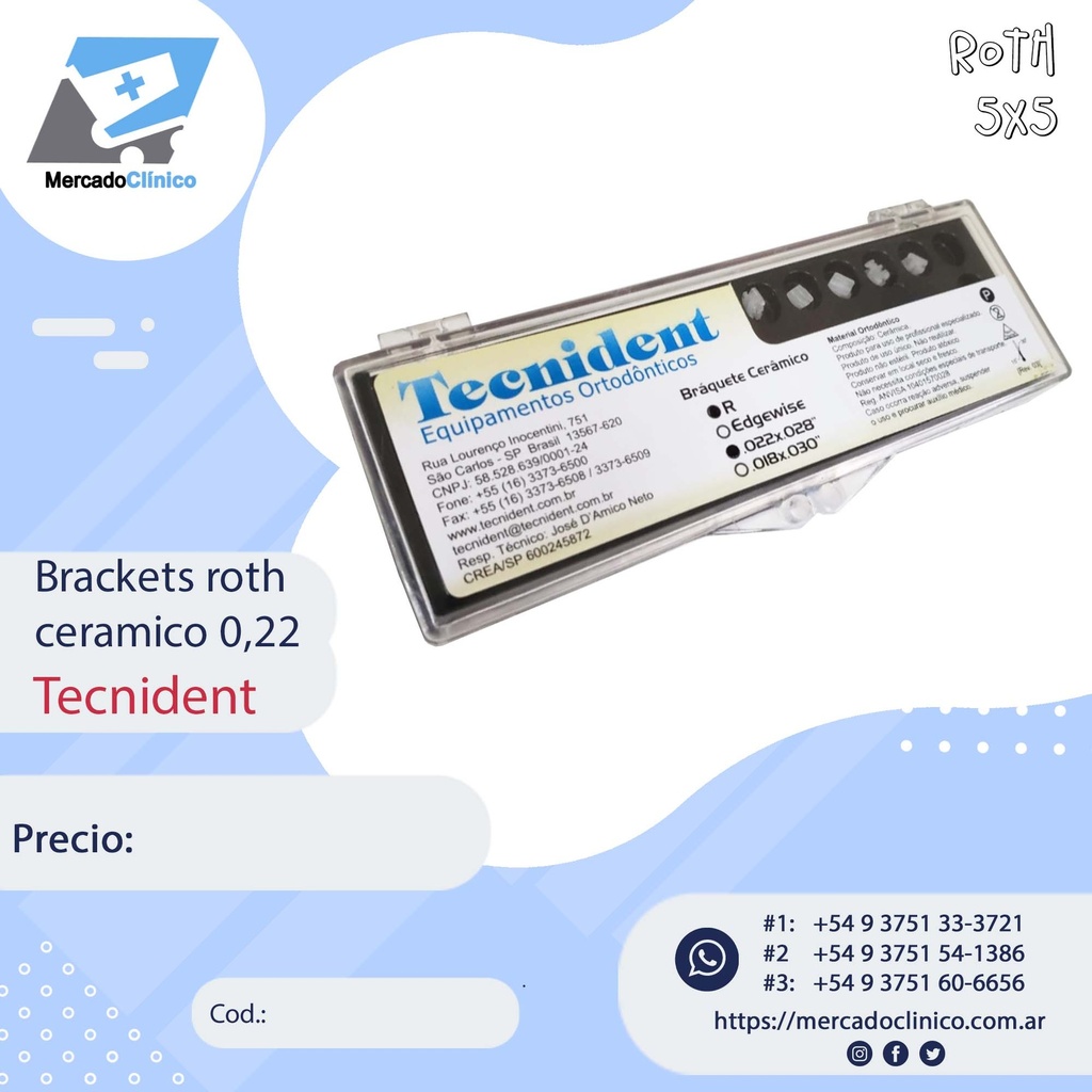 Brackets Autoligante Roth 0,22 - Ceramico  - Estetico - 1 caso - 7x7 - Tecnident - 282-107