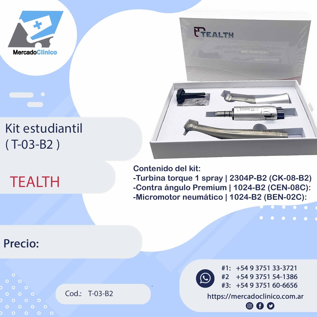 Kit Estudiantes (T-03-B2) - Turbina Push 1 spray + Contra ángulo Push + Micromotor Neumático. TEALTH