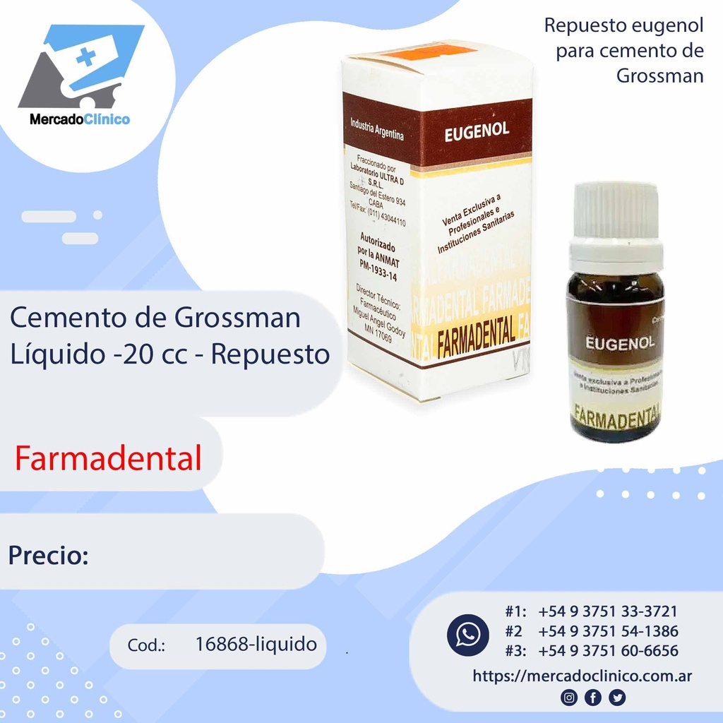 Cemento de Grossman - Líquido Eugenol 20cc - Repuesto - FARMADENTAL