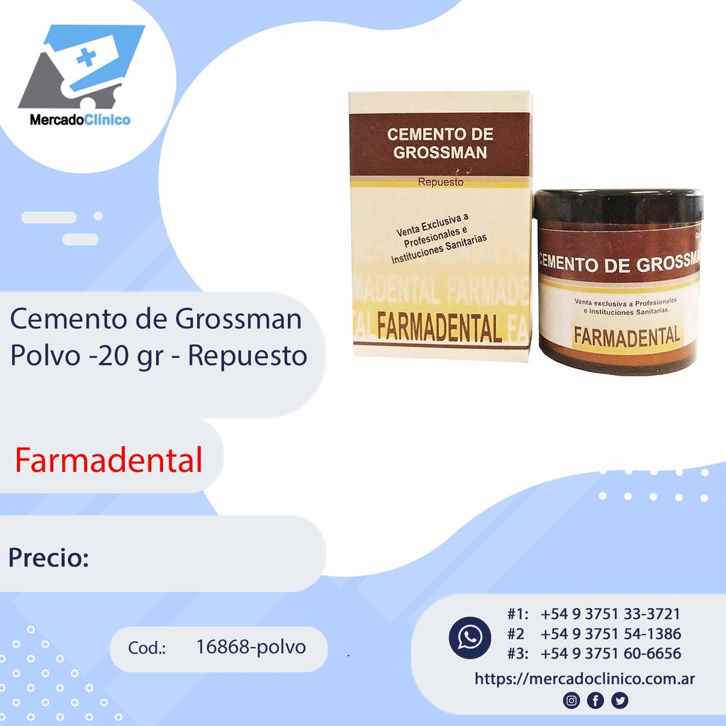 Cemento de Grossman Polvo - 20 gr - Repuesto - FARMADENTAL