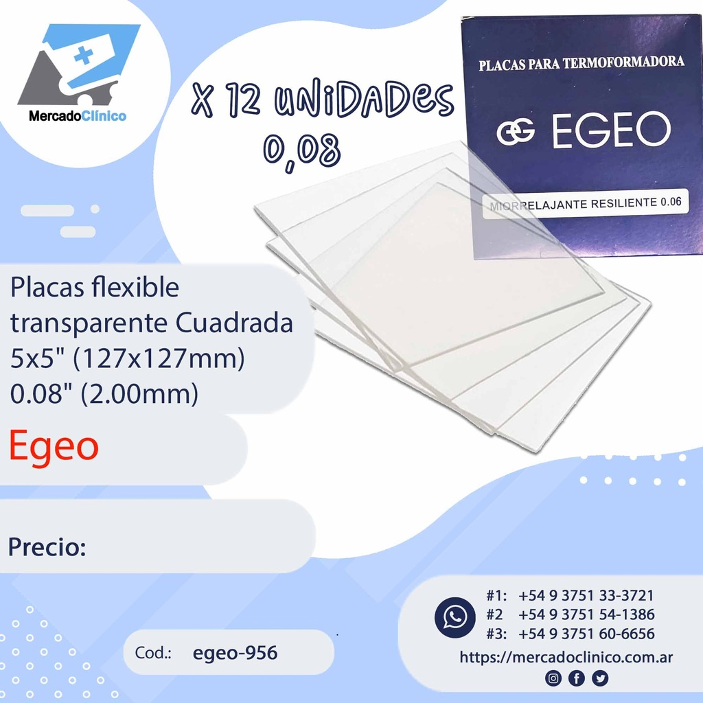 Placas / láminas  flexible miorrelajante / protector bucal -  transparente Cuadrada 5x5" (127x127mm) - 0.08" (2.00mm) - 12 un - Egeo