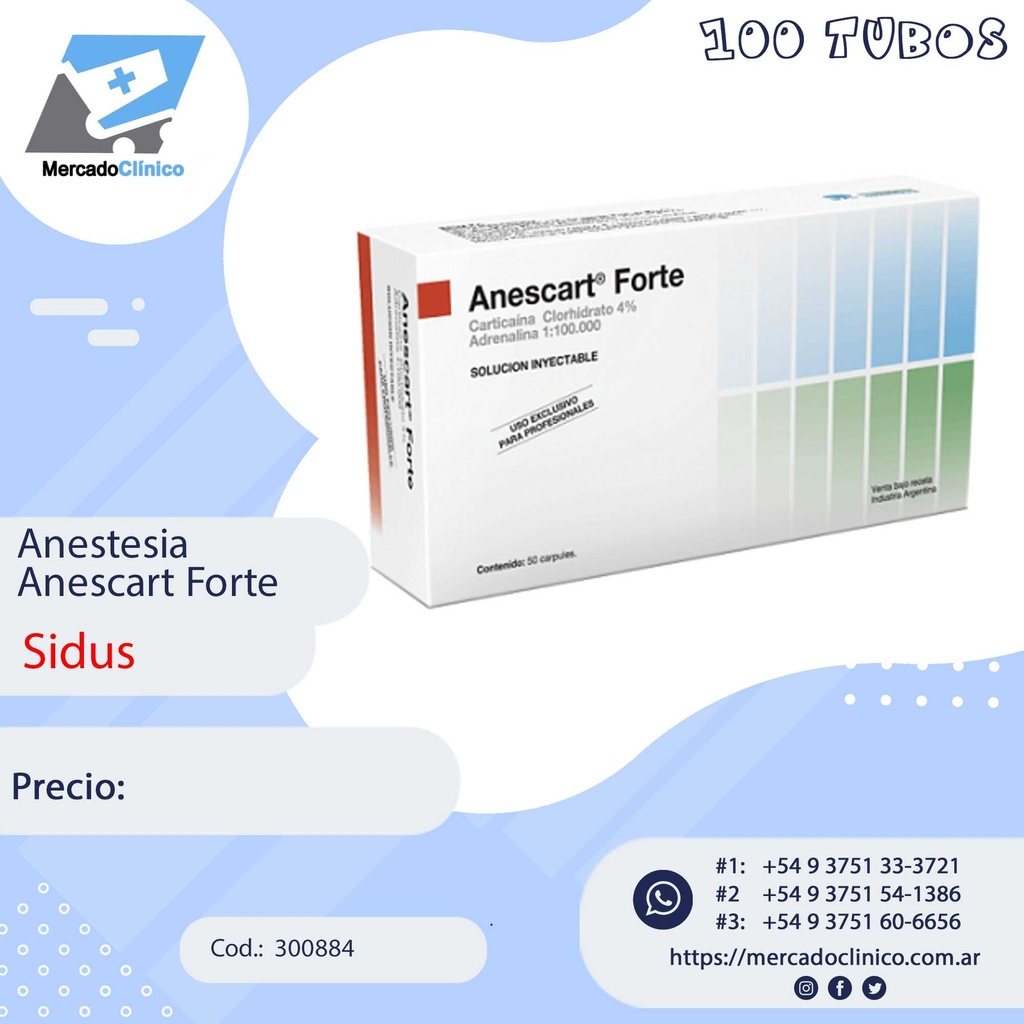 Anestesia - Anescart Forte - 100/un - CARTICAINA 4%  -Sidus