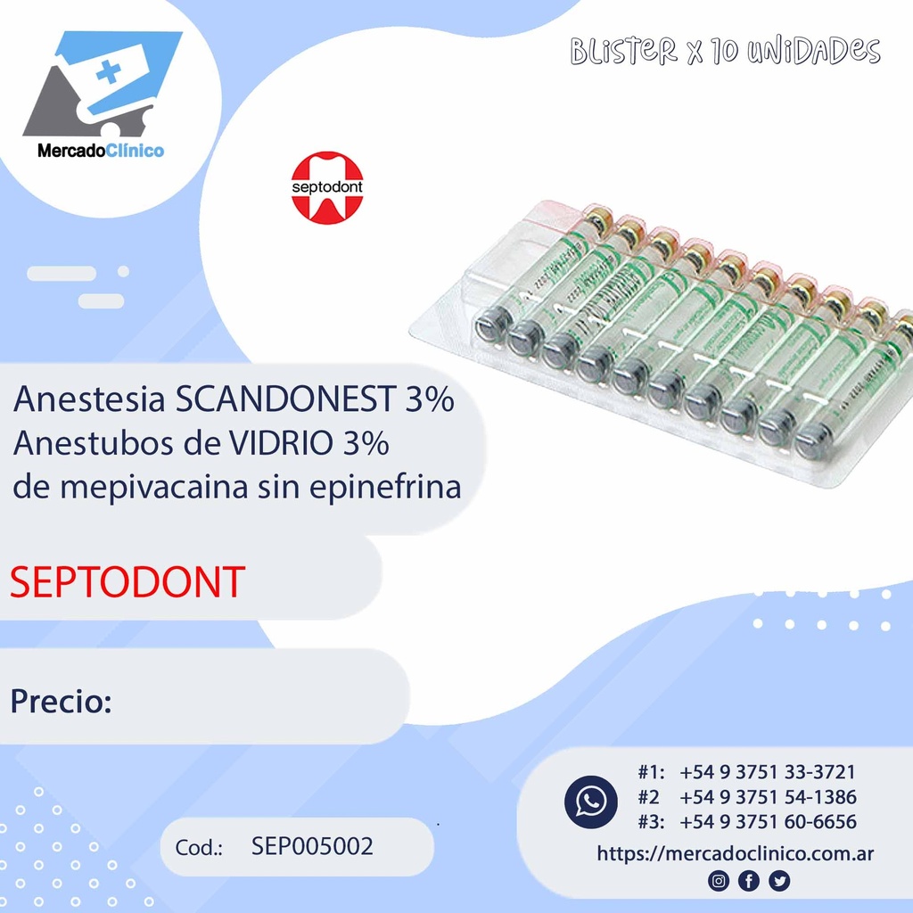 Anestesia SCANDONEST 3% Anestubos de VIDRIO  - 3% de mepivacaina sin epinefrina - 10 anestubos - Septodont