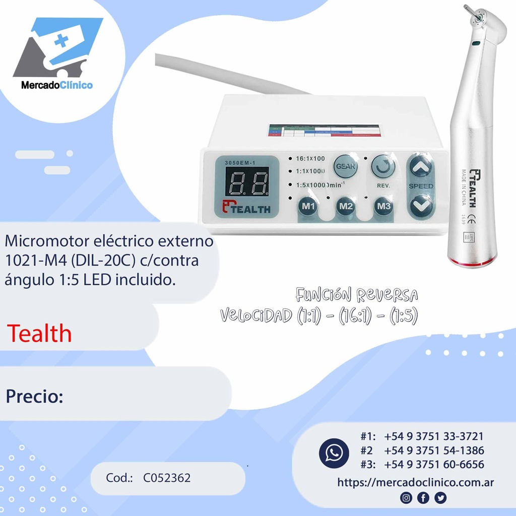 Micromotor eléctrico externo 1021-M4 (DIL-20C) c/contra ángulo 1:5 LED incluido. TEALTH