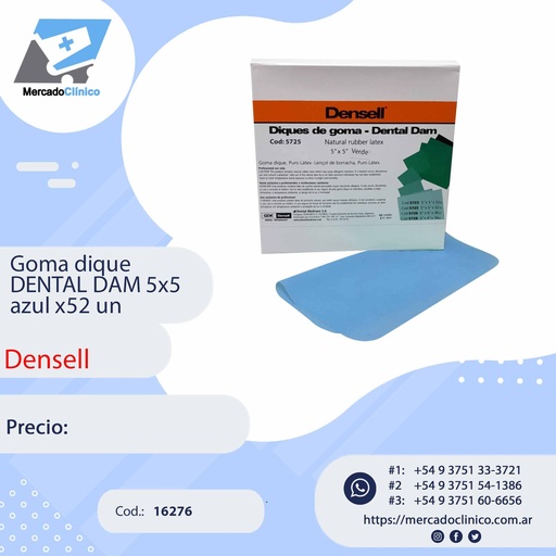 [16276] Goma dique DENTAL DAM 5x5 azul x52 un - DENSELL