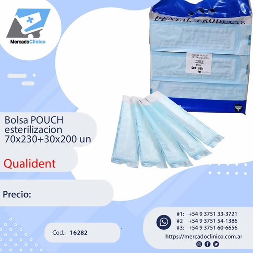 [16282] Bolsa POUCH esterilización 70mm x230 mm + 30 x200 unidades - QUALIDENT 