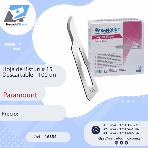 [16334] Hoja de Bisturí # 15 Descartable - 100 un - Paramount