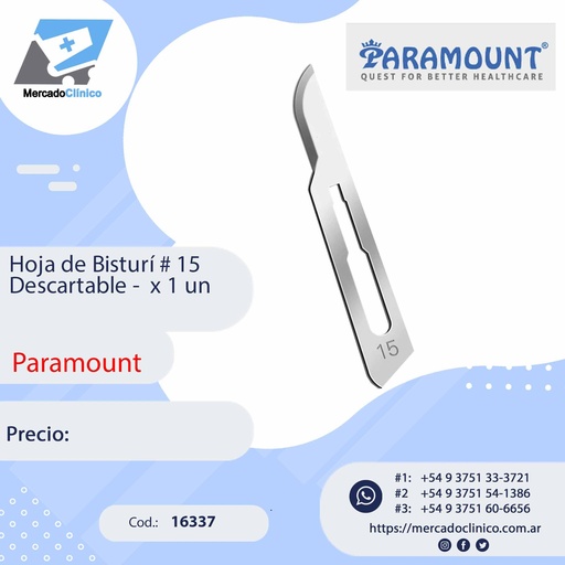[16337] Hoja de Bisturí # 15 Descartable -  x 1 un - Paramount