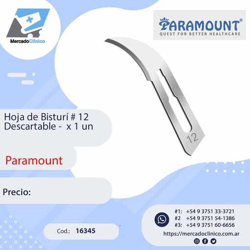 [16345] Hoja de Bisturí # 12 Descartable -  x 1 un - Paramount