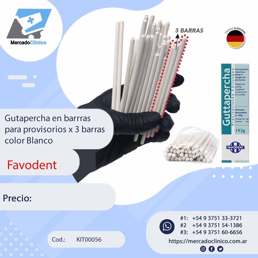 [KIT00056] Gutapercha en barrras para provisorios x 3 barras color Blanco - Favodent
