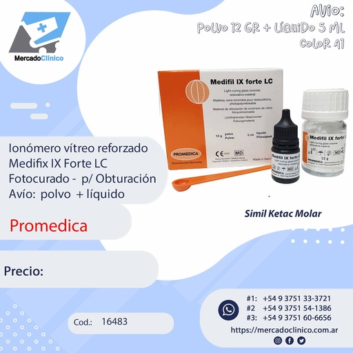 [16483] Ionómero vítreo reforzado Medifix IX Forte LC Fotocurado -  p/ Obturación Avío:  polvo  + líquido - Promedica
