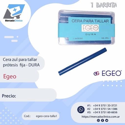 [egeo-cera-talla1] Cera Azul para tallar prótesis  fija - DURA x 1 unidad- Egeo