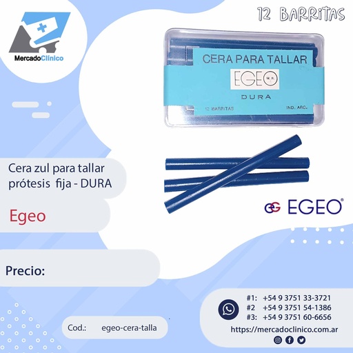[egeo-cera-talla] Cera Azul para tallar prótesis  fija - DURA x 12 unidades / barritas - Egeo