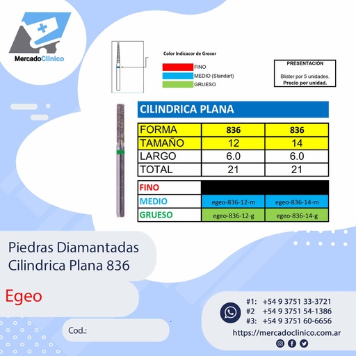 Piedras Diamantadas Cilíndrica plana 836 - X 5 UNIDADES - Egeo /  Smdent