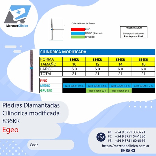 Piedras Diamantadas Cilíndrica plana 836KR - X 5 UNIDADES - Egeo /  Smdent