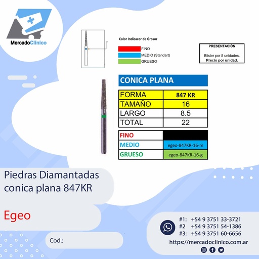 Piedras Diamantadas Cónica plana 847KR - X 5 UNIDADES - Egeo /  Smdent