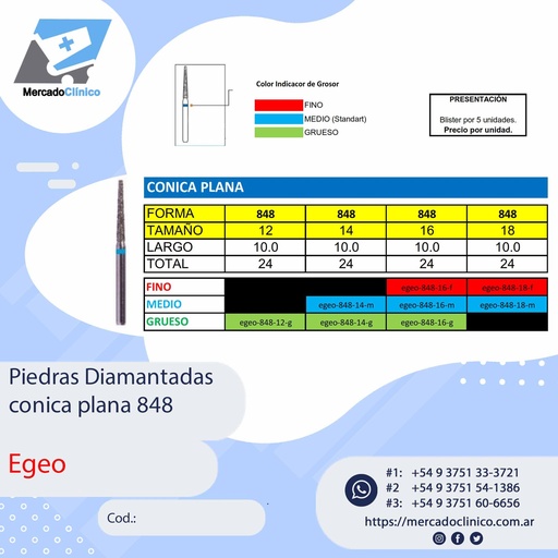 Piedras Diamantadas Cónica plana 848 - X 5 UNIDADES - Egeo /  Smdent