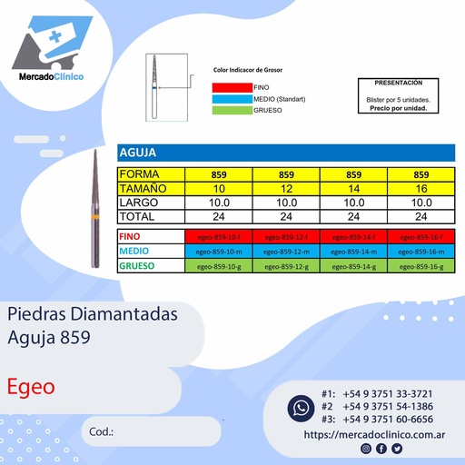 Piedras Diamantadas Aguja 859 - X 5 UNIDADES - Egeo /  Smdent