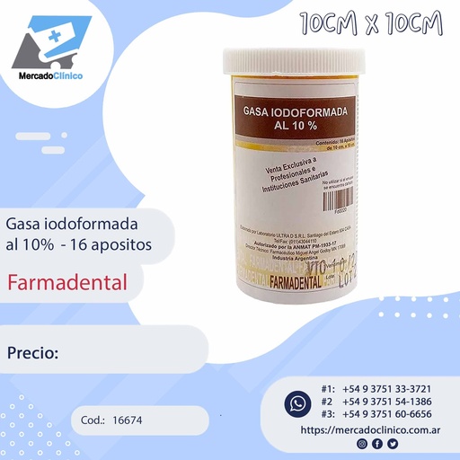 [16674] Gasa Iodoformada al 10% - 16 apósitos - 10 x 10 cm - FARMADENTAL