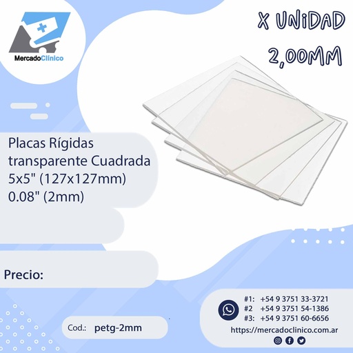 [petg-2mm] Placas Rígidas - transparente Cuadrada
5x5" (127x127mm) - 0.08" (2mm) x UNIDAD