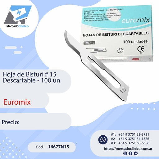 [16677N15] Hoja de Bisturi # 15 - descartable - 100 Unidades - Euromix
