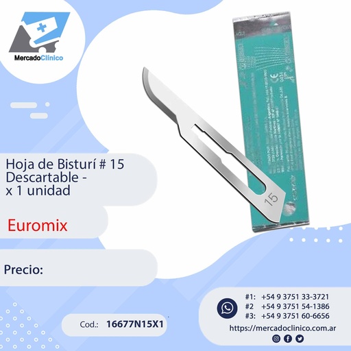 [16677N15X1] Hoja de Bisturi # 15 - descartable - x 1 unidad - Euromix