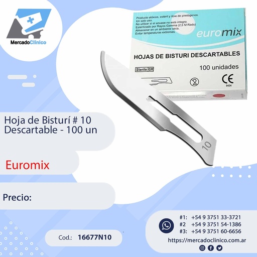 [16677N10] Hoja de Bisturi # 10 - descartable - 100 Unidades - Euromix