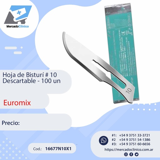 [16677N10X1] Hoja de Bisturi # 10 - descartable - x 1 unidad - Euromix