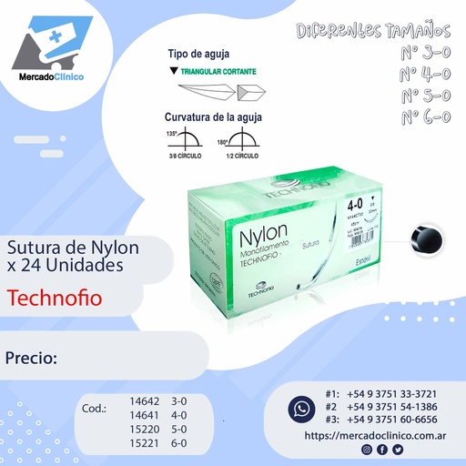 Sutura de Nylon x 24 unidades - Technofio