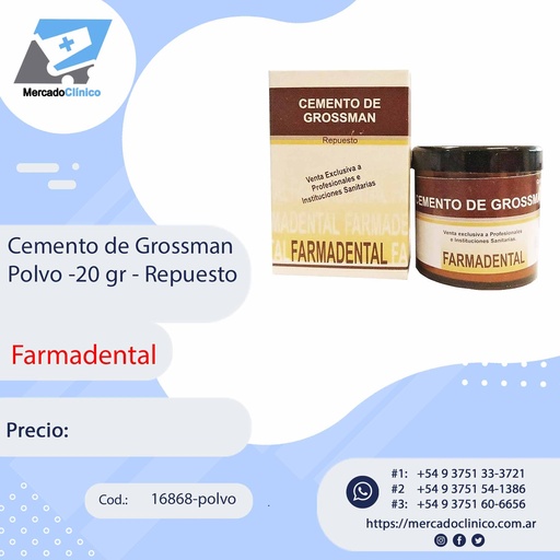 [16868-polvo] Cemento de Grossman Polvo - 20 gr - Repuesto - FARMADENTAL
