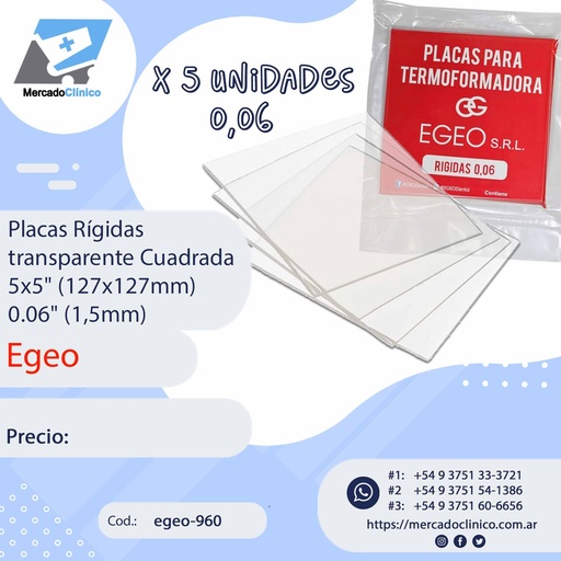 [egeo-960] Placas Rígidas transparente Cuadrada 5x5" (127x127mm) - 0.06" (1,5mm) - 5 un - Egeo