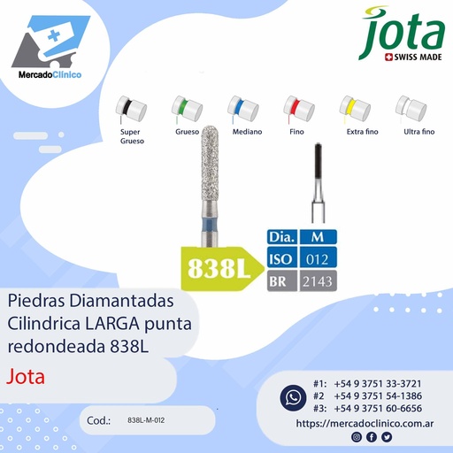 [838L-M-012] Piedras diamantadas- cilíndrica corta punta redondeada LARGA 838L - x unidad - Jota