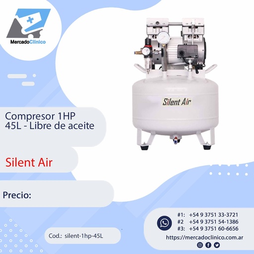 [silent-1hp-45L] Compresor 1HP 45L - Libre de aceite - Silent Air