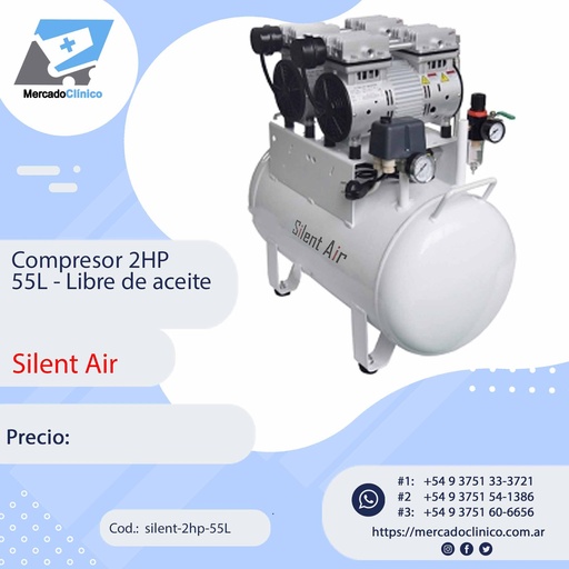 [silent-2hp-55L] Compresor 2HP 55L - Libre de aceite - Silent Air