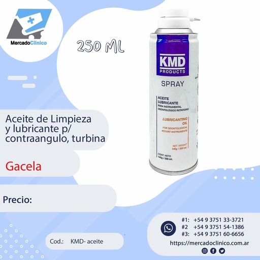 [KMD-aceite] Aceite de Limpieza y lubricante p/ contraangulo, turbina - 250 ml - KMD
