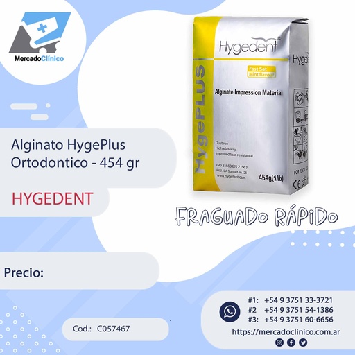 [C057467] Alginato ortodóntico HYGEPLUS, x 454g. HYGEDENT