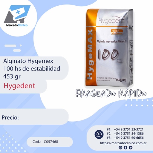 [C057468] Alginato ortodóntico HYGEPLUS, x 454g. HYGEDENT 
