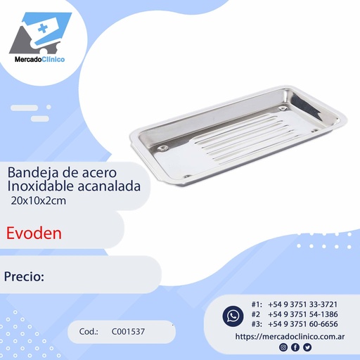 [C001537] Bandeja de acero inoxidable, acanalada - 20x10x2cm - EVODEN