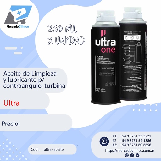 [ultra-aceite] Aceite de Limpieza y lubricante p/ contraangulo, turbina - 250 ml - ULTRA