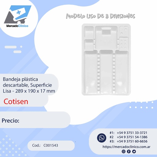 [C001543] Bandeja plástica descartable, Superficie Lisa - 289 x 190 x 17 mm - Cotisen