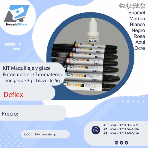 [kit-chromatemp] KIT Maquillaje y glaze fotocurable - Chromatemp - 7 Jeringas 3g  y 1 glaze de 5g - Deflex